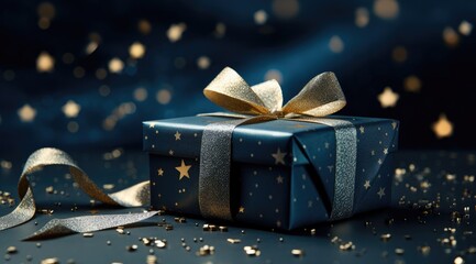 a blue gift box with gold stars on a dark background - obrazy, fototapety, plakaty