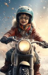 Fototapeta na wymiar a boy riding a motor bike in the snow