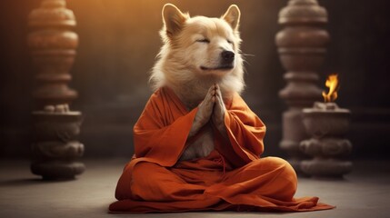 Sage dog in monk attire in meditation pose in the temple. Doggy guru meditates, achieving nirvana. Suitable for spiritual or humorous content. - obrazy, fototapety, plakaty