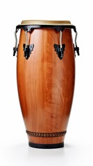 Wooden conga drum isolated on white background. Traditional percussion musical instrument of Afro-Cuban and Latin American culture. Suitable for music-related projects and cultural designs. Vertical - obrazy, fototapety, plakaty