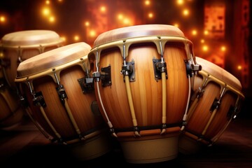 Conga drums arranged on a stage under dramatic lighting ready for a concert. Traditional percussion musical instrument of Afro-Cuban. Bright performance - obrazy, fototapety, plakaty
