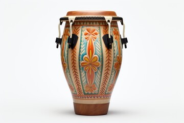 Wooden conga drum with carved ornaments isolated on a white background. Traditional percussion musical instrument of Afro-Cuban culture. Suitable for music-related projects and cultural designs - Powered by Adobe