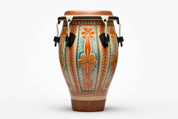Fotobehang Wooden conga drum with carved ornaments isolated on a white background. Traditional percussion musical instrument of Afro-Cuban culture. Suitable for music-related projects and cultural designs © Jafree