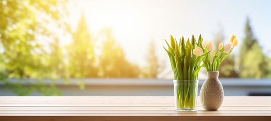 Fresh asparagus on wooden table with blurred background and copy space for text placement