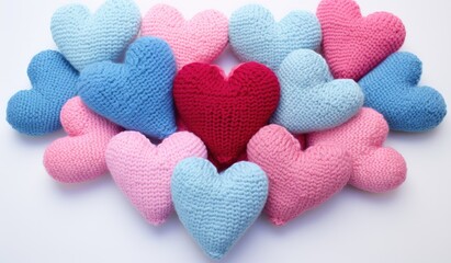 a bunch of knitted heart shaped shapes