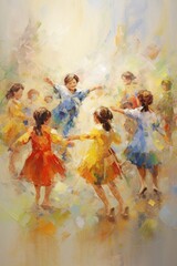 Children dancing in meadow. In style of oil painting. Metaphorical associative card on theme of kids fun. Psychological abstract picture. Postcard, wall decoration, book illustration.