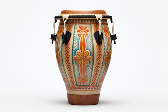 Wooden conga drum with carved ornaments isolated on a white background. Traditional percussion musical instrument of Afro-Cuban culture. Suitable for music-related projects and cultural designs