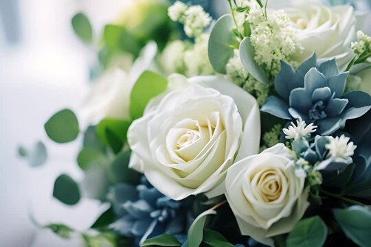 Close-up of elegant white roses and blue succulents arranged amidst green leaves and tiny white flowers, creating a serene and lush bouquet with a soft-focus background.