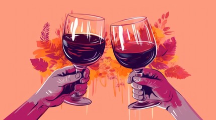 Two hands holding glasses of red wine. Flat illustration in pop art style. Cheers. Congratulations and toast at a party. Romance of two lovers. Perfect for social events and festive occasions.