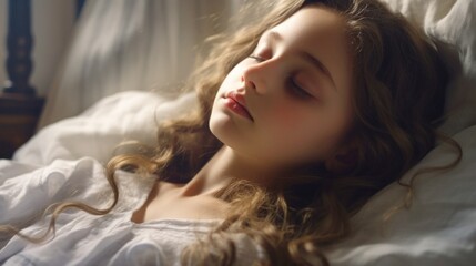 Restful Slumber. Sleeping cute girl lies with her eyes closed, immersed in deep sleep. Comfort and restfulness. Perfect for use in sleep studies, bedding advertisements, or wellness blogs