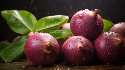 Mangosteen fruit on dark background. Whole fruits with green leaves. Exotic tropical fruits. Organic vegan dessert. Food. Close up. Restaurant, cafe, food blog, menu, web design, store, supermarket