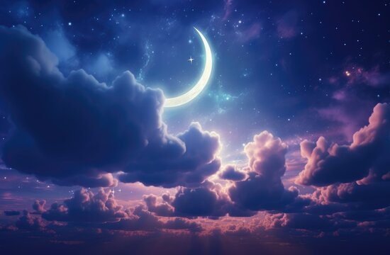 a crescent in the night sky is seen behind clouds