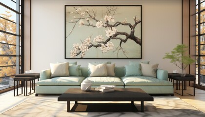 Contemporary living room interior with a stylish green color scheme and captivating wall art