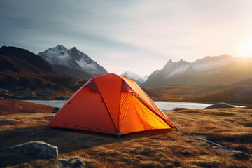 a tent is pitched in the mountains and the sun is shining