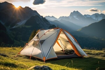 a tent is pitched in the mountains and the sun is shining