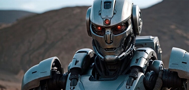 evil robot red glowing eyes metallic skeleton humanoid android ai desert steppe devastated landscape mountains on the hunt