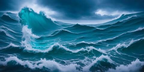 Powerful foamy sea waves rolling and splashing over water surface against cloudy blue sky