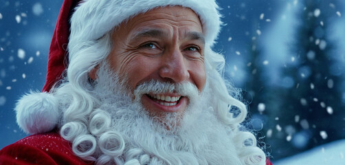 a cheerful santa claus in snow, gray hair, beard, costume, bobble hat, evening, good mood, smiling,...