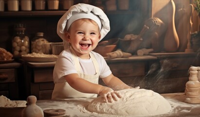 baby boy chef smiling making pizza dough in kitchen bakery