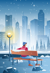 Winter city. Vector illustration of winter street with man on bench, light lantern, bushes, silhouette city, falling snow. Christmas night town scene. Snowfall cityscape background.City park landscape