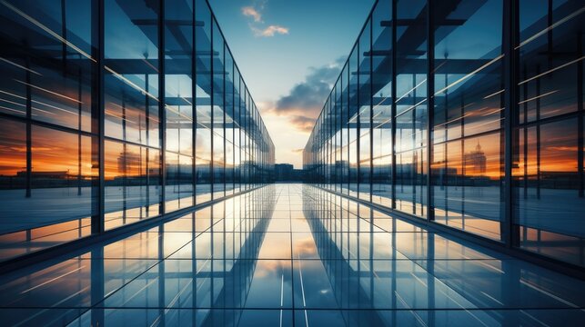Contemporary business building, steel and glass, symbolizing progress