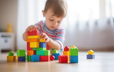 A child plays with building block toys in its own room