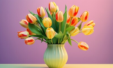 colorful tulips in a vase of light green color