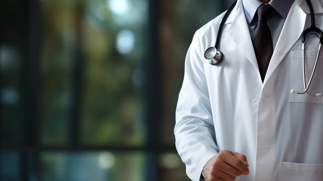 Gros plan sur un m&eacute;decin dans un h&ocirc;pital. &Eacute;quipement m&eacute;dical, m&eacute;decins, blouse, virus. M&eacute;decine, sant&eacute;. Pour conception et cr&eacute;ation graphique.
