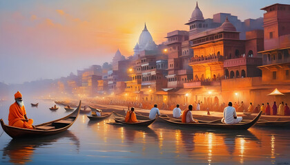 Oil painting on canvas, Ancient Varanasi city architecture at sunrise with view of sadhu baba enjoying a boat ride on river Ganges. India.