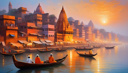 Oil painting on canvas, Ancient Varanasi city architecture at sunrise with view of sadhu baba enjoying a boat ride on river Ganges. India. - obrazy, fototapety, plakaty