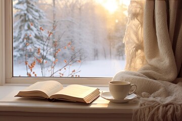 Winter aesthetic morning, warm knits, book, and a window view of snowy landscapes