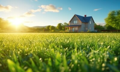 green grass in the field with a house in the background - obrazy, fototapety, plakaty