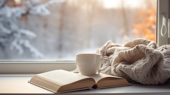 Winter aesthetic morning, warm knits, book, and a window view of snowy landscapes