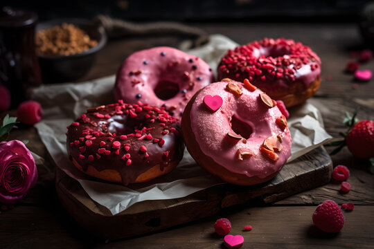 A close up magazine quality image of Valentine's theme Donuts