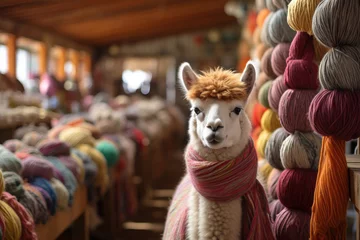 Foto auf Alu-Dibond Alpaca in a shop with colored yarn of alpaca wool © o1559kip