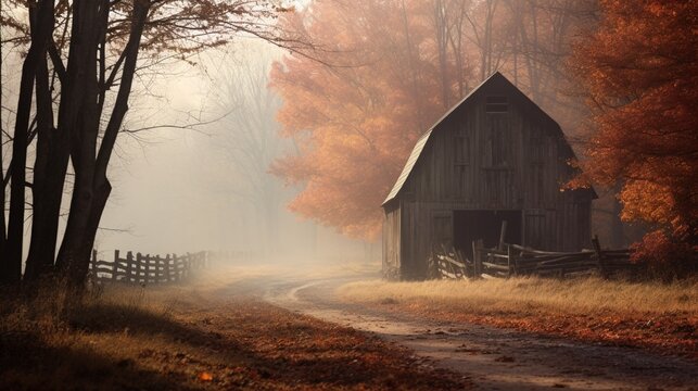 An ethereal, soft-focus image of a rustic barn surrounded by trees in autumn hues