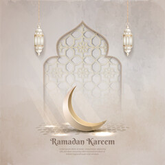 islamic greetings ramadan kareem card design with crescent moon and lantern