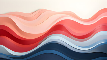 a geometric abstract graphic with waves, in the style of soft color fields, organic texture, striped compositions, muted palette, minimalistic landscapes, light red and light navy, colorful woodcarvin