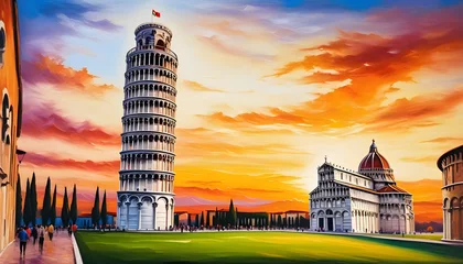 Tuinposter Oil painting on canvas, Pisa tower at sunset. Italy © Antonio Giordano