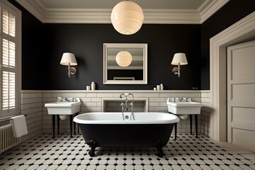 Fototapeta na wymiar Minimalist French style bathroom, black and white tiles