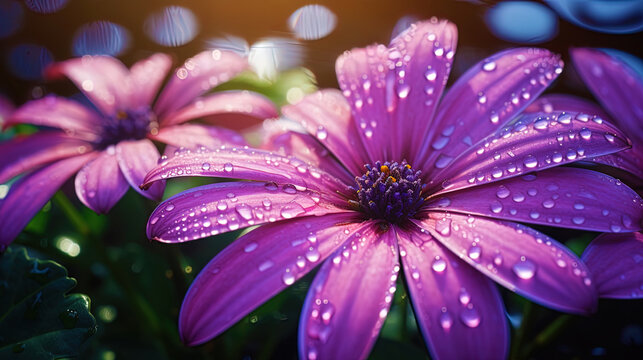 A close image of a bright flower with morning dew