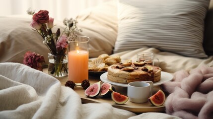 Fototapeta na wymiar Winter aesthetic, cozy breakfast spread, soft blankets, creating a warm and inviting atmosphere