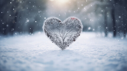 Enchanting forest blanketed in snow, discover a transparent heart, a symbol of love echoing through the serene winter landscape, creating a magical Valentine'stree in the cold winter