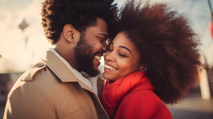 Portrait of a young black couple hugging, smiling in outerwear on a city street. A man and a woman...
