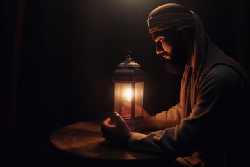 muslim man holding a candle and praying prayer