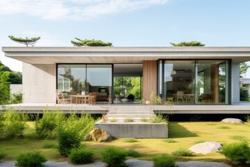 Fototapeta na wymiar Summertime in a modern concrete home with windows open