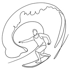 Man on a surfboard vector outline drawing. Surfing man on a wave minimalist continuous line vector illustration. Summer sport surfing.