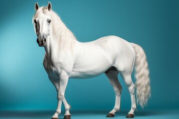 A horse of the Andalusian breed with a white coat color and a light mane. Concept: Unique thoroughbred stallion. A majestic artiodactyl animal. 
