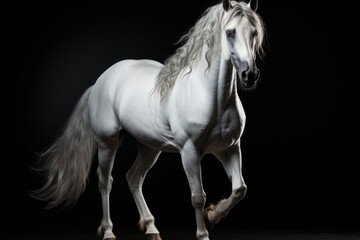 A horse of the Andalusian breed with a white coat color and a light mane. Concept: Unique thoroughbred stallion. A majestic artiodactyl animal. Light background
