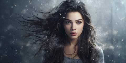 Conceptual illustration: beautiful young woman. Place for text. Winter city modern fashion. Social media post, banner, header, cover, flyer, brochure, invitation, greeting card. Generative Ai content